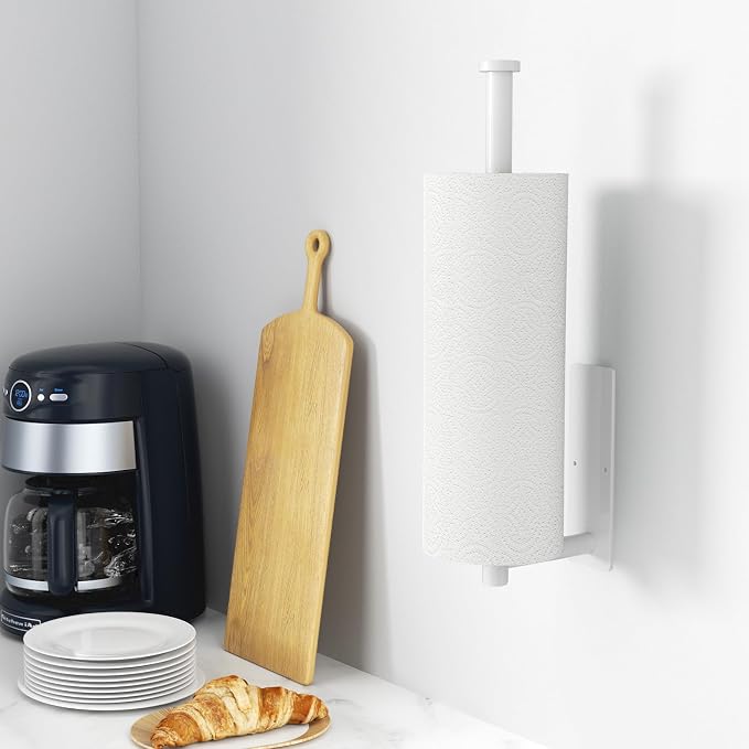 Paper Towel Holder,Self-Adhesive or Drilling， White, 1 Pack | SUS304 Stainless Steel,Kitchen Roll Dispenser Under Cabinet，Wall Mounted Rack