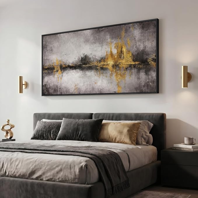 Large Framed Black Grey and Gold Abstract Wall Art for Living Room, 60x30 | Oversized modern picture, Horizontal canvas prints, Wood frame, Neutral paintings artwork, Wall Decor for Bedroom Dining Room