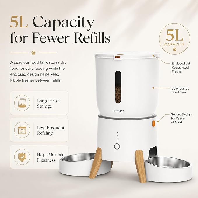 Dual Bowl Automatic Cat Feeder - 5L WiFi Smart Elevated Cat Feeding Station with App Control, Voice Recording, Dual Power Options, Stainless Steel Cat Bowls & Anti-Jam Technology for Small Dogs