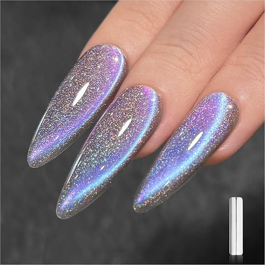 GAOY Rainbow Cat Eye Gel Nail Polish, 16ml Jelly Blue Gray Glitter Holographic Nail Polish with Magnet, Reflective Translucent UV Gel, 3312 Nebula Opal