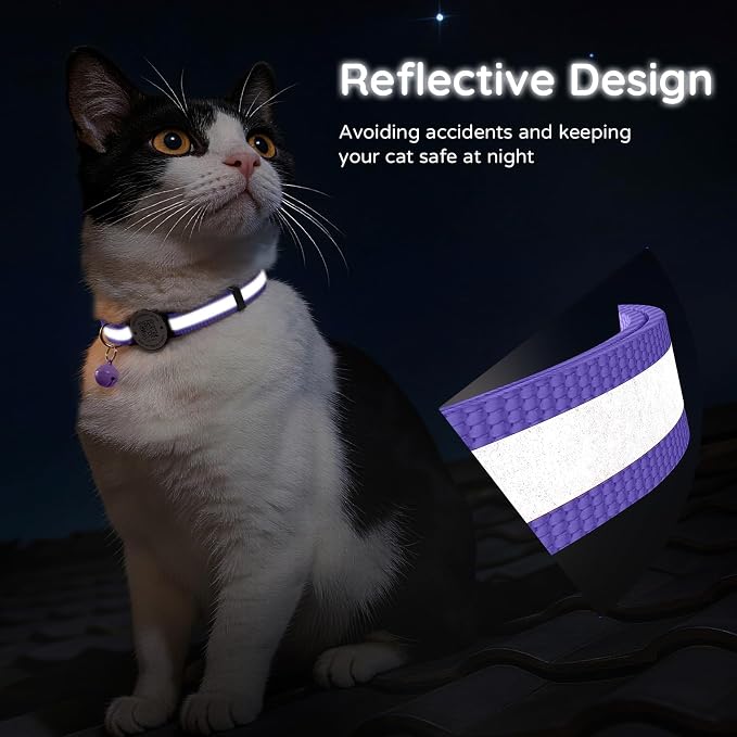 Breakaway Cat Collar QR Code, Reflective Bell, Adjustable Kitten, Purple