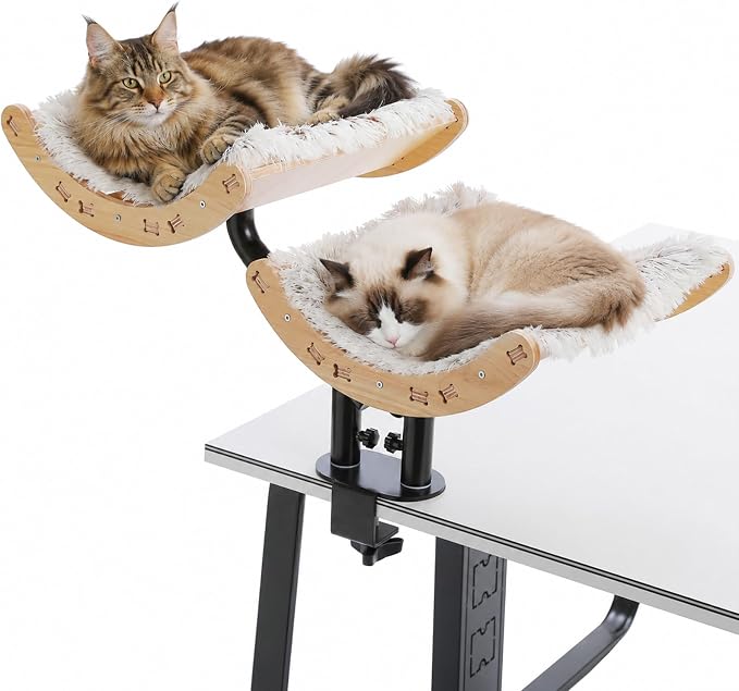 PEQULTI Desk Cat Bed for 2 Cats, 2-Tier 360° Rotating Cat Hammock, Beige | Clamp-on desk-edge perch holds 50 lbs wobble-free; removable washable cushion; bunk bed for 2 cats; no-drill, furniture-safe