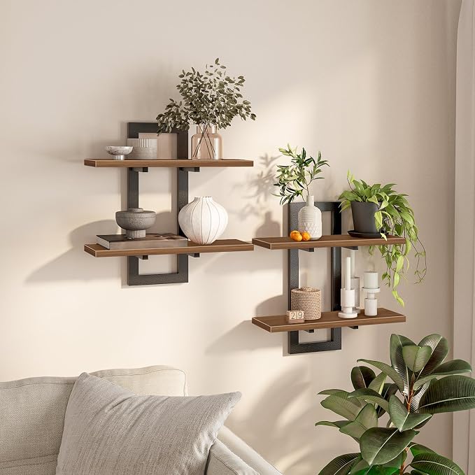 HOOBRO Floating Shelves, 15 Inch Wall Shelf Set of 2, Wall Mounted Storage Shelves 2-Tier, Hanging Bathroom Shelves, for Living Room, Bedroom, Bathroom, Kitchen, Walnut and Black BH32BJ01