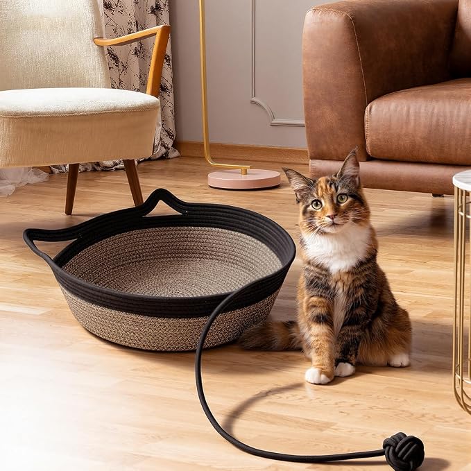 Cat Bed, Cotton Rope Instinct Basket for Cats, Handwoven Cat Beds | Stimuli Handwoven Basket for Cat, Pet Sleeping Bed with Rope Ball, Puppies, Rabbits and Small Pets(Large, Black & Brown)