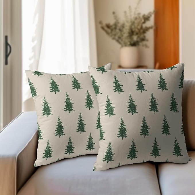 Kawani Christmas Trees Pillow Covers 16x16 Inches, 2 Pcs Xmas Pine Tree Rustic Style Farmhouse Pillowcase Cotton Linen Square Cushion Case for Couch Sofa Bedroom Living Room Home Décor