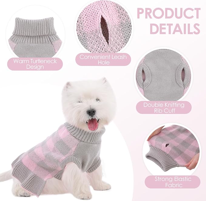 Dog Sweater Dress Plaid Knitwear for Small Medium Dogs Warm Puppy Pet Turtleneck Stretch Pullover Cute Fall Winter Vest Clothes with Leash Hole for Christmas (Grey, S)