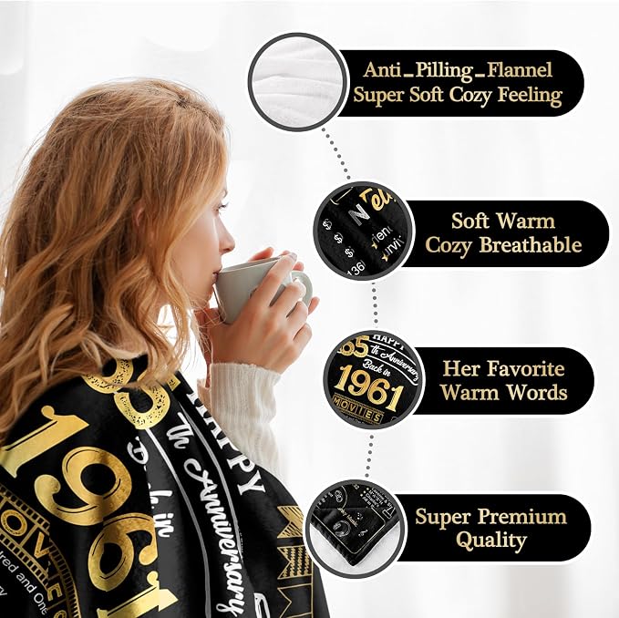 65th Anniversary Blanket Gifts Gift for 65th Blue Sapphire Wedding Anniversary 65 Years of Marriage Gifts for Wife Husband Dad Mom Parents Grandpa Grandma Grandparents Back in 1961 Blanket 60x50