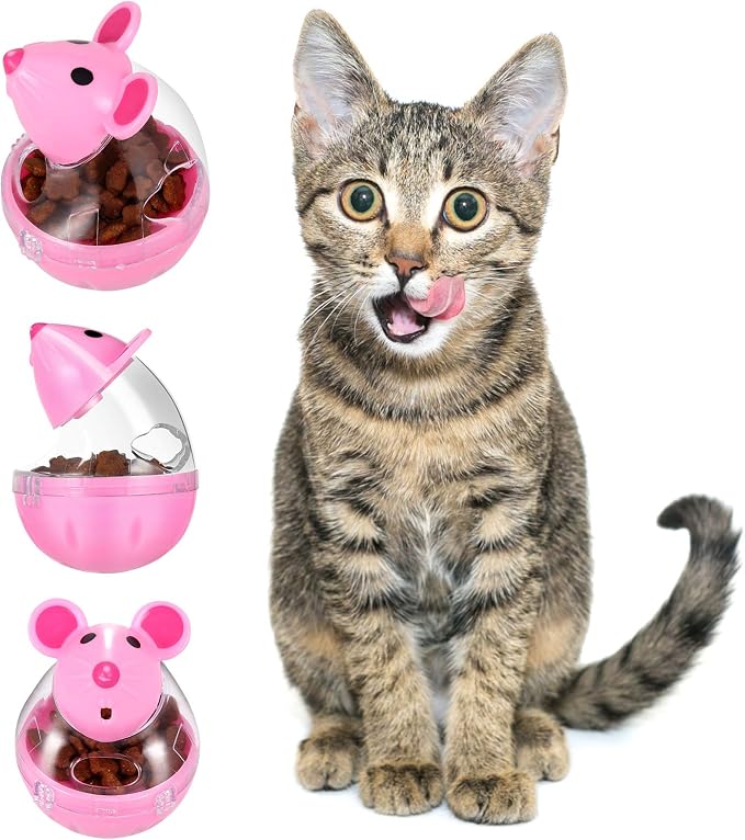 Lightbox Cat Food Ball Dispenser - 4 Pcs Slow Feeder Mice Shaped Tumbler Toy for Interactive Training (Pink, White)