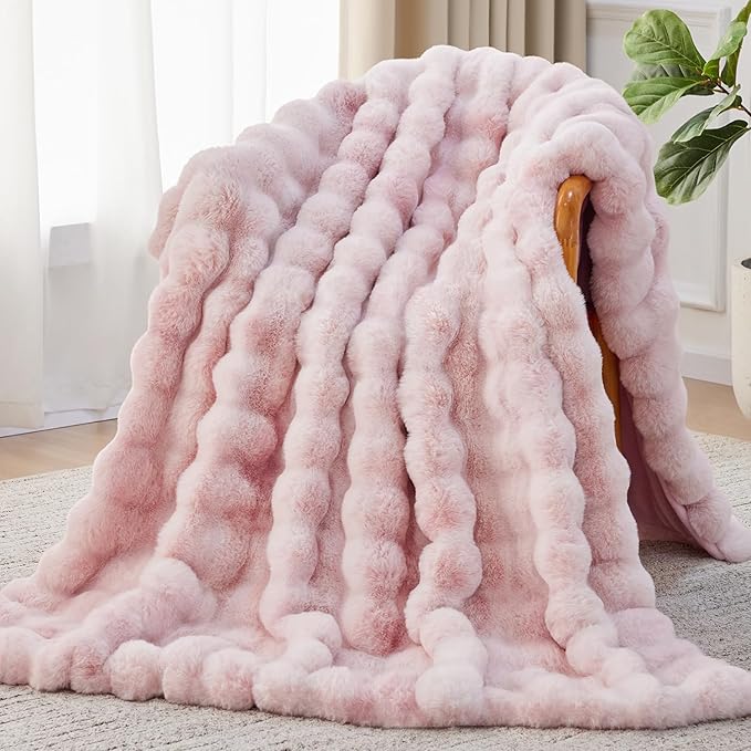 Anysay Faux Fur Throw Blanket, 1000GSM Fluffy Soft Bubble Blanket 60''*80'' | Cozy Plush Warm and Thick Blanket for Couch Bed, Fuzzy Rabbit Throw for Living Room Bedroom Tie-dye Pink