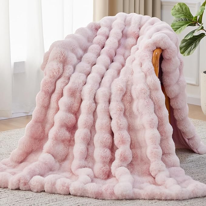 Anysay Faux Fur Throw Blanket, 1000GSM Fluffy Soft Bubble Blanket 80''*90'' | Cozy Plush Warm and Thick Blanket for Couch Bed, Fuzzy Rabbit Throw for Living Room Bedroom Tie-dye Pink