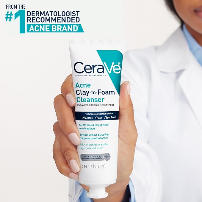 CeraVe Clay To Foam Acne Face Wash,Salicylic Acid & Kaolin Clay Acne Spot Treatment Clears Pimples & Blackheads, Prevents Breakouts, Hydrates & Soothes, Fragrance-Free, Non-Comedogenic,4oz,(Pack of 2)