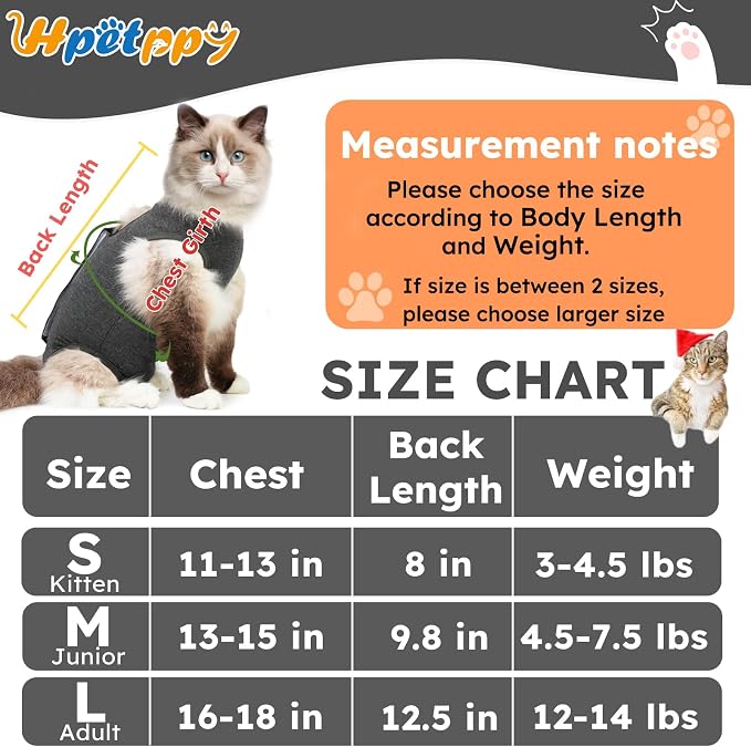 Hpetppy Cat Recovery Suit for Spay Abdominal Wounds, Kitten Onesie Bodysuit for Cats After Surgery, Cat Surgery Recovery Suit Female Cone of Shame Alternative for Cats Anti Licking (Dark Grey M)