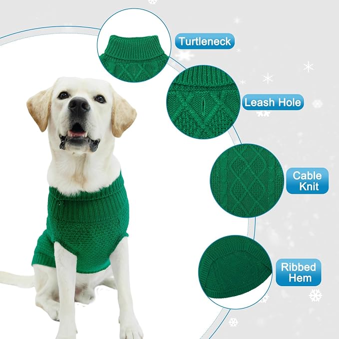 Mihachi Turtleneck Dog Sweater - Winter Coat Apparel Classic Cable Knit Clothes with Leash Hole for Cold Weather, Ideal Gift for Pet in New Year Green X-Large