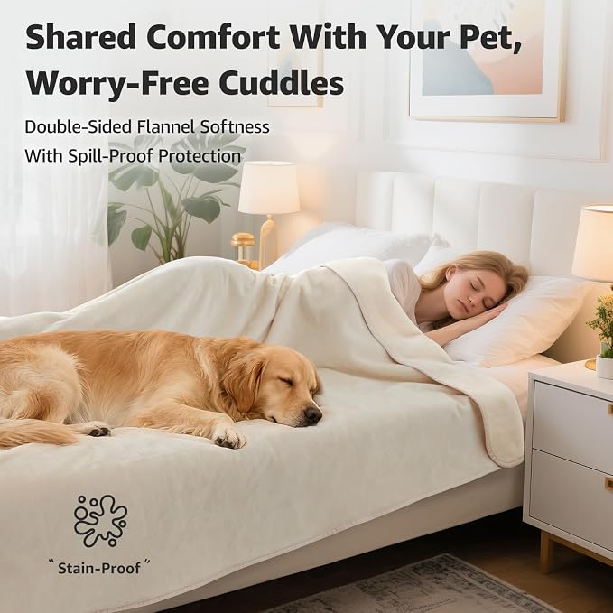 LOOBANI Waterproof Blanket for Queen Bed, Couch Cover 80" x 90", Beige | Reversible Soft Flannel, Large Dog Blankets, Spill-Proof Sofa Cover for Furniture Protection, Pet Hair Resistant, Noise Free