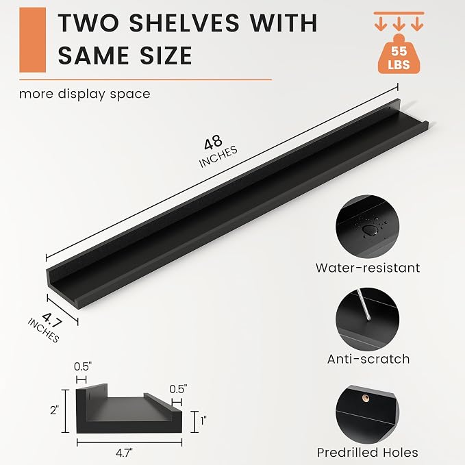 Picture Ledge Shelf, Floating Shelves for Wall, 48" W Set of 2, Black | FSC Certified Engineered Wood, Wall Mounted Bookshelf, for Nursery Living Room Bedroom, Pre-Drilled, Easy Install