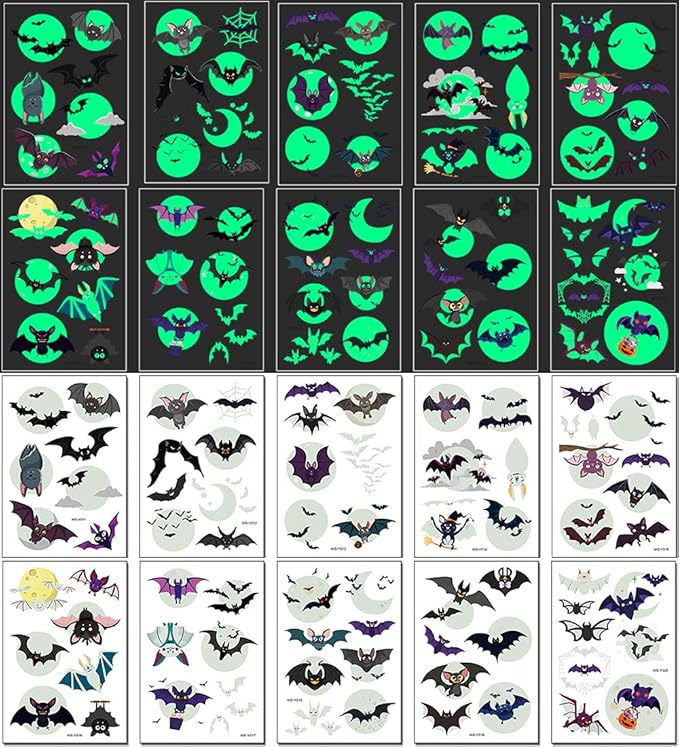 73PCS Luminous Halloween Bat Temporary Tattoos for Kids, Costume Makeup Glow in the Dark Fake Tattoo Stickers, Face Cosplay Holiday Party Favors Gifts for Adults Classroom School Prizes Reward