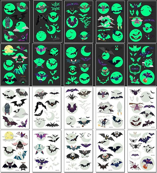 73PCS Luminous Halloween Bat Temporary Tattoos for Kids, Costume Makeup Glow in the Dark Fake Tattoo Stickers, Face Cosplay Holiday Party Favors Gifts for Adults Classroom School Prizes Reward