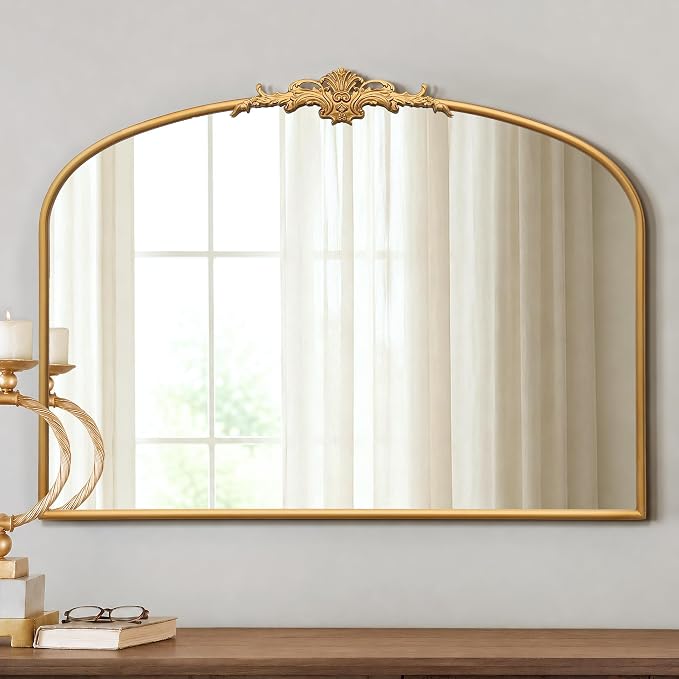 Besdomus Vintage Arched Gold Mirror: 40"x29" Large Arch Antique Decorative | French Baroque Metal Framed Mirrors - Traditional Ornate for Entryway/Bedroom/Fireplace/Bathroom - Ideal for Home Renovations