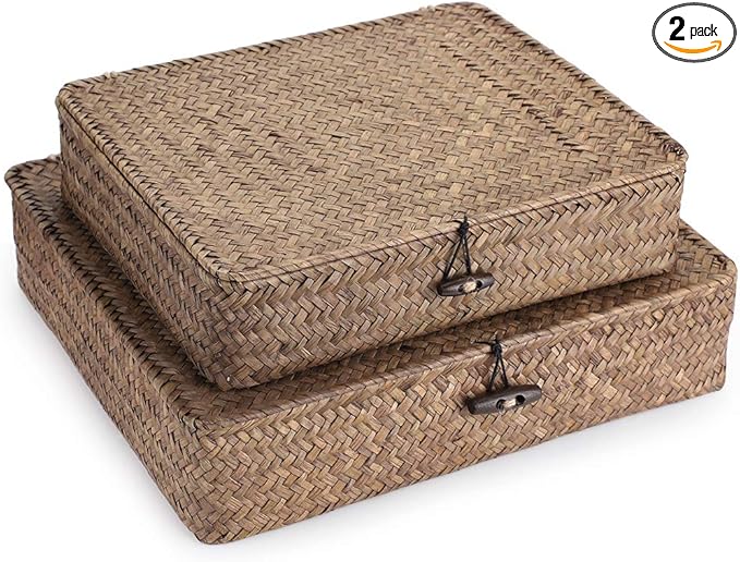 Hipiwe Set of 2 Flat Woven Wicker Storage Bins with Lid Seagrass Basket | Natural Decorative Baskets Multipurpose Home Boxes for Shelf Organizer Home Decor (Coffee)