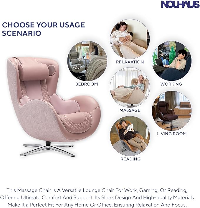 Nouhaus Classic Massage Chair with Ottoman – Pink Leather Recliner with Percussive Shiatsu Massager, Built-in Speaker & Full Body Spot Massage – Ultimate Comfort for Home & Office