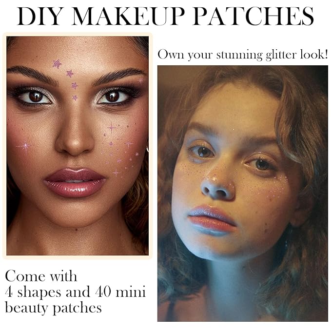 20 Pcs Rose Gold Makeup Patches, Glitter Freckles Face Tattoo, Easy Application and Remove Sparkle Makeup Patches, Waterproof Face Glitter Temporary Tattoos for Women