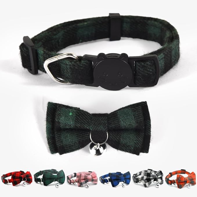 Plaid Breakaway Cat Collar with Bell & Removable Bow Tie – Cotton Kitten Collar with Bells for Boy Cats or Small Dogs. Adjustable Size 8-13.2in (Green)