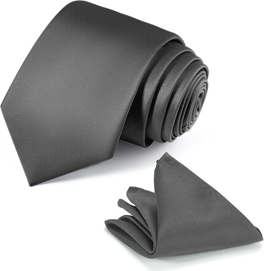 Black Tie Set in Gift Box Mens Solid Color 3.15" (8CM) Black Necktie and Pocket Square Set