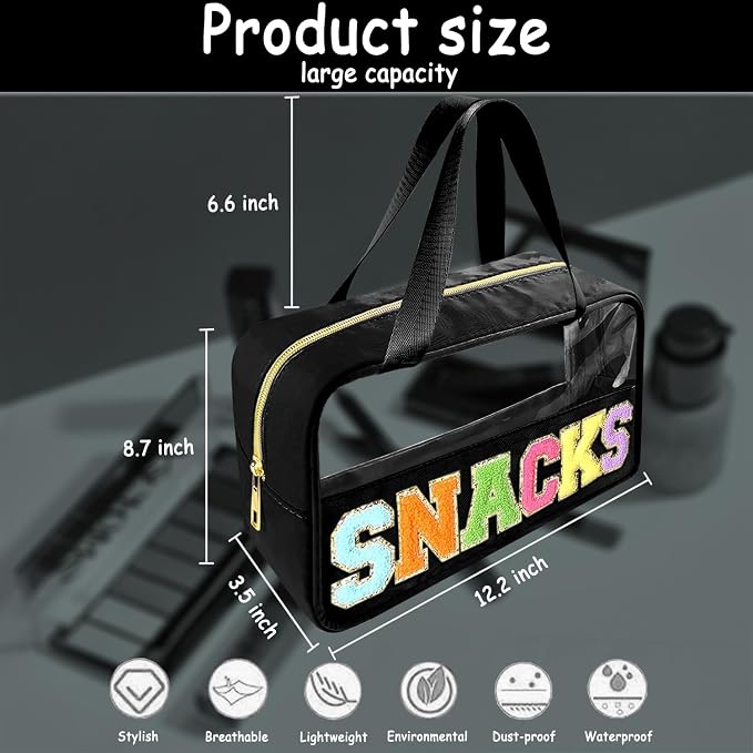 Bunliuys Chenille Letter Clear Makeup Bag Snacks Patch, Travel Toiletry Makeup Bag with Handle, Nylon Waterproof Makeup Bags clear cosmetic bag, preppy patch makeup bag for Women (SNACKS-Black)