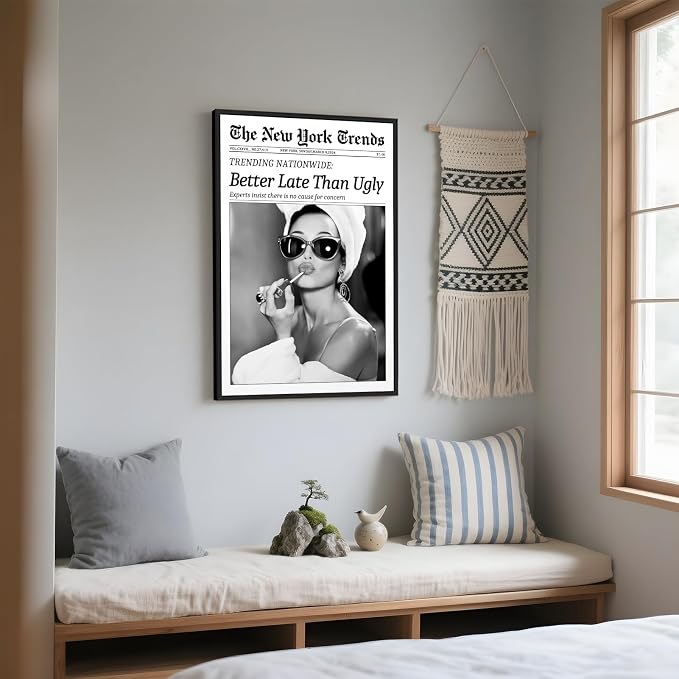 Framed Better Late Than Ugly Wall Decor Newspaper Audrey Hepburn Wall Art | Vintage Black and White Fashion Poster Chic New York Trends Glam Quote Canvas Print for Bedroom Bathroom Dorm 16x24inch