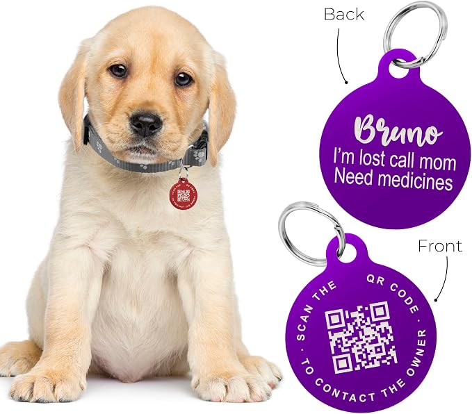 Custom QR Code Smart Pet Tag ID, Round Aluminum Lightweight Engraved and Scannable Lost and Found ID Tag for Collars and Harnesses for Puppies and Cats