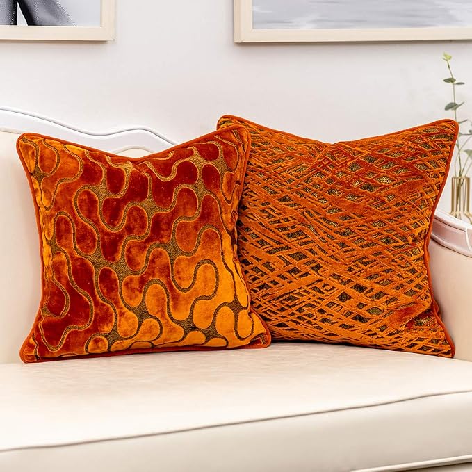 Orange Square Throw Pillow Cover Wavy Velvet Cushion Cover Modern Zippered Pillowcase for Sofa Couch Bedroom Living Room Chair, 20 x 20 Inch