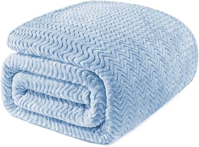 Exclusivo Mezcla Soft Fleece Blanket Queen Size for Bed, Sofa, Light Blue | 90"x90" Breathable Lightweight Flannel Blanket for Summer, Plush Cozy Jacquard Wave for Home Decor