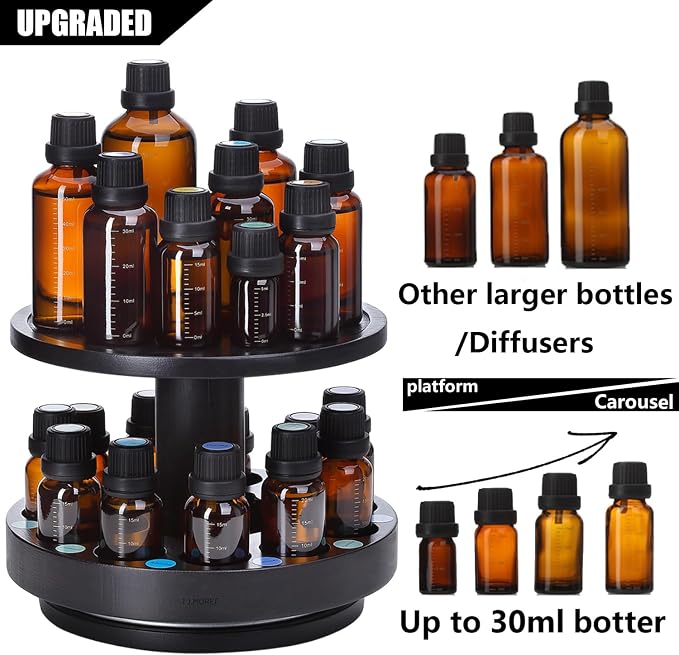 TJ.MOREE Bamboo Essential Oil Organizer 2-Tier Carousel Holder, Black | Bamboo Material, Fits 5 ml to 30 ml Essential Oil Bottles, Suitable for Home and Office Spaces