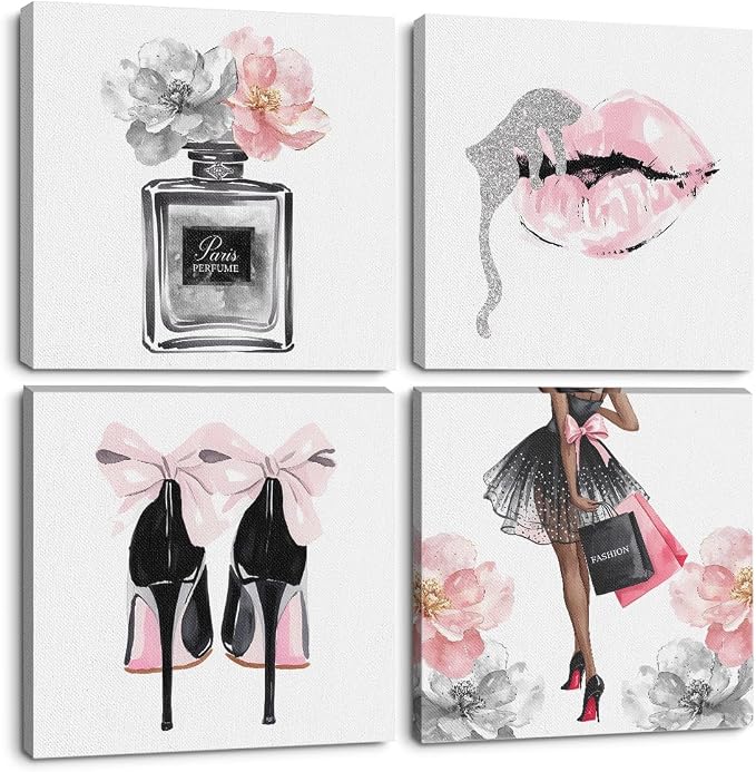 Pink Fashion Women Wall Art, Pink Flowers Perfume High Heel Lips Wall Decor | Aesthetic Canvas Framed Posters Art Prints Modern Artwork Pictures for Women Room Bathroom Apartment Decor 8x8 Inch Set of 4