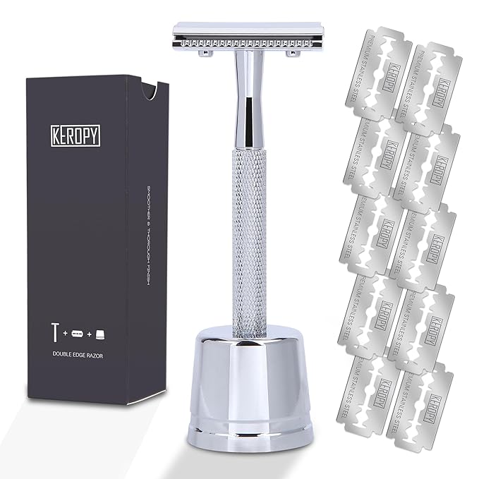 Keropy Aluminum Men Safety Razor With Stand and 10 Premium Stainless Steel Safety Razor Blades Reusable Safety Razor For Men and Women, Mens Single Blade Razor, Glossy Silver