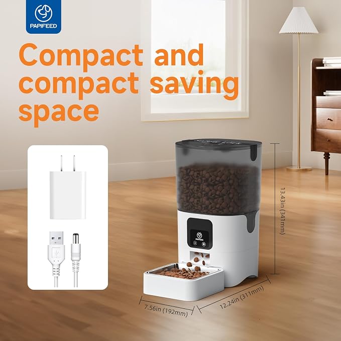 PAPIFEED Automatic Cat Feeder with App, 5G WiFi Cat Food Dispenser, 6L Timed Cat Feeder for Dry Food, 10 Meals/Day, 12 Portions/Meal, Dual Power Supply Smart Pet Feeder for Small Dog, White