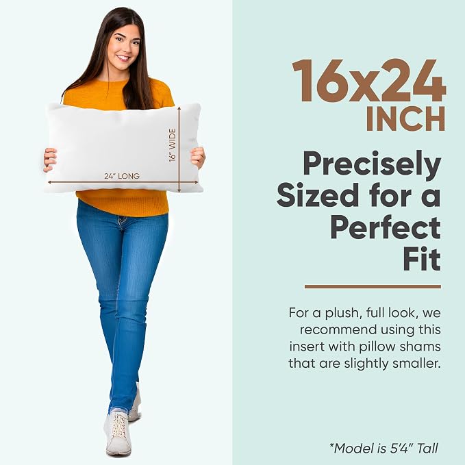 Pillowflex Synthetic Down Pillow Insert 16x24 in - Karate Chop Pillow | Large Rectangle Sham Form, Plush Polyester Cotton Blend, Cloud-Like Comfort, Clump-Resistant Fill, Smooth Elegant Finish