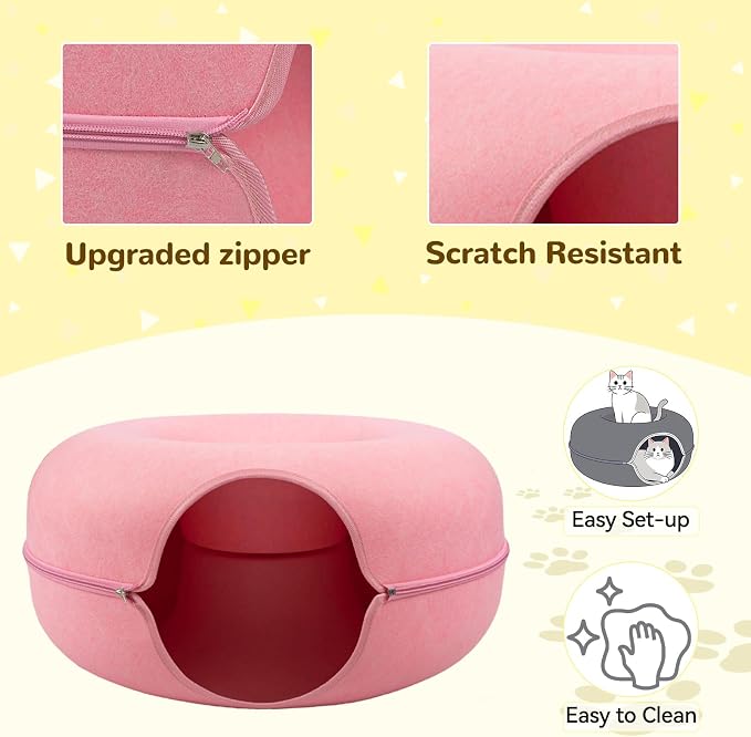 Cat Caves for Indoor Cats, Large Cat Tunnel for Multiple & Large Cats, Scratch Detachable Cave Bed, Kitten Donut Kitty Hideaway Up to 45 Lbs (Pink, Large, 2 Pack)