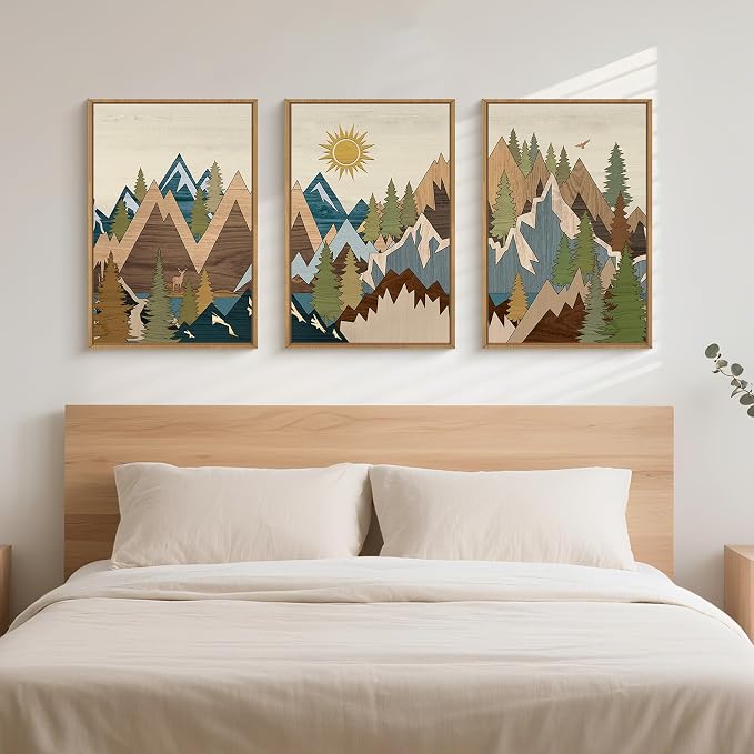 FWIEXA Large Mountain Woodcut Style Canvas Wall Art Set of 3, Sunrise Pine Tree Wall Decor, Forest Animal Painting, Farmhouse Nature Landscape Art, 24x36In Rustic Artwork for Living Room, Bedroom