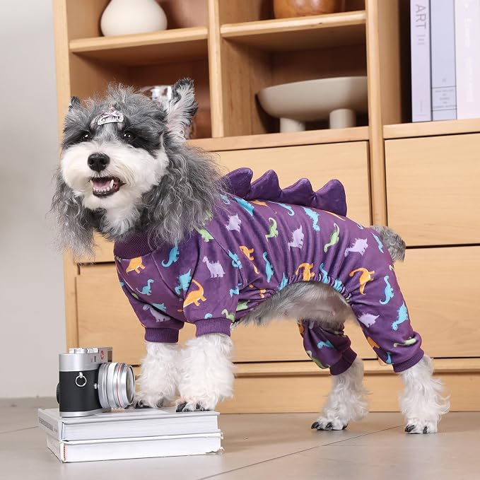 CuteBone Dinosaur Costume Dog Pajamas, Stretchy Spandex Crystal Velvet Sleepwear Coat for Small Dogs, Soft & Warm Pet Outfit Clothes for Cold Weather, Cozy Pullover Design COSP04XL