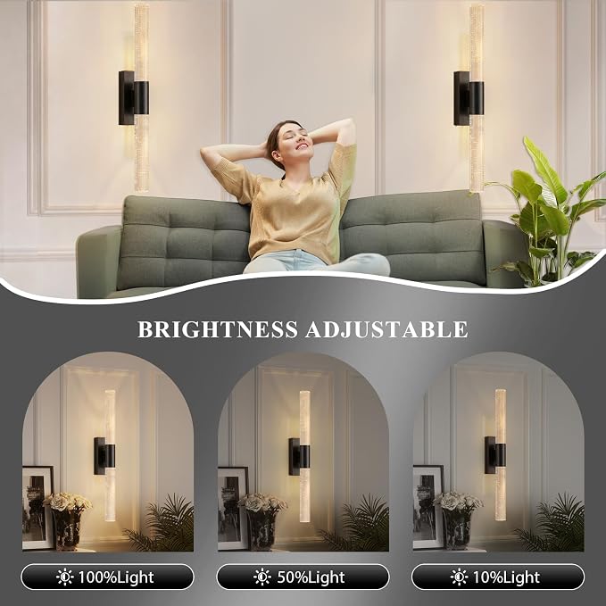 camuucci Battery Operated Wall Sconces Set of 2, Rechargeable Wall Lights | 12000mAh Long-Lasting Battery,Dimmable Cordless Sconce,No Wiring Needed for Bedroom,Living Room,Black 20.9-Inch