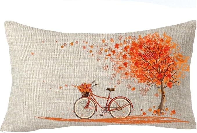 Happy Autumn Fall Big Tree Maple Leaf Bicycle Throw Pillow Cover Cushion Case Cotton Linen Material Decorative 12''x20'' Color 2