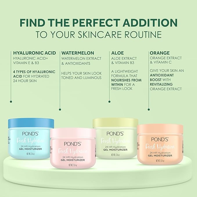 POND'S Fresh Hydration Gel Moisturizer – 24 HR Hydration with Aloe Vera Extract,Vitamin E & B3 Niacinamide – Alcohol & Oil-Free Face Moisturizer-– Dermatologist Tested,3.4 oz,(Pack of 2)
