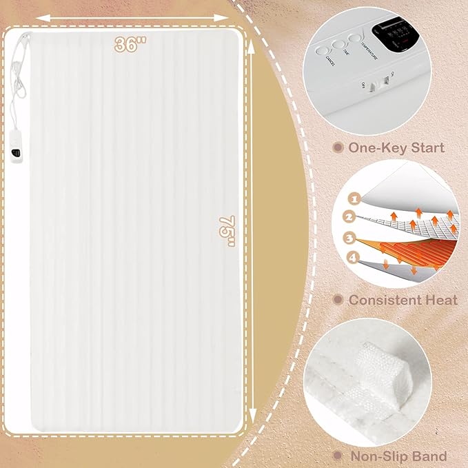 WELLHUT Heating Massage Table Warmer, 75x36in Heated Mattress Pad w/ 5 Heat Levels, 8 Timer Settings, UL Certified Electric Twin Bed Warmer, Spa Massage Bed Heating pad, Machine Washable