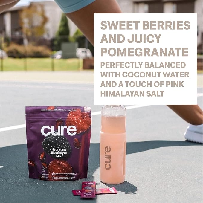 Cure Hydration | Plant-Based Electrolyte Drink Mix | No Added Sugar | Dehydration Relief Powder Made with Coconut Water | Non-GMO | Vegan | Pouch of 28 Packets - Berry Pomegranate