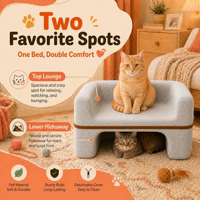 Large Cat Bed for Indoor Cats, 2-Tier Cat Cave Bed with Top Lounge & Lower Hideaway, Washable PET Felt Cat Sofa for Living Room, Bedroom, Apartment, Scratch-Friendly Cat Furniture, Light Gray