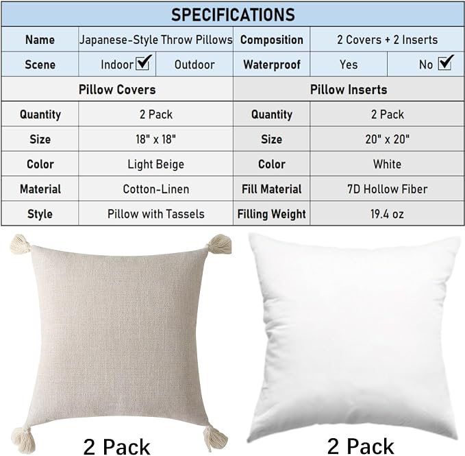Decorative Throw Pillow with Tassels, 18x18 Farmhouse Pillows with Inserts, Square Boho Pillow for Couch, Patio, Bed, Sofa Decor (Light Beige, 18" x 18"(Pack of 2))