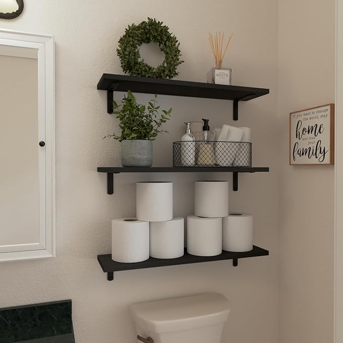Wood Floating Shelves Set of 6, 24 inch Long Floating Shelves for Wall Decor, Farmhouse Shelf for Bedroom, Bathroom Storage Shelves, Book Shelves for Living Room - Black