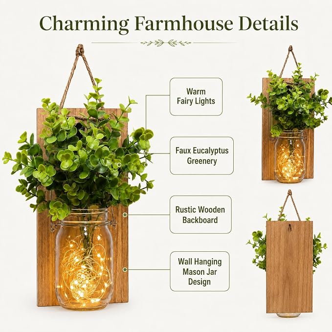 Rustic Wall Sconces, Mason Jar Sconces, Farmhouse Home Decor, LED Fairy Lights, Green Fake Plant, Interior Decoration Warm Toned Lighting. (2 Pack)