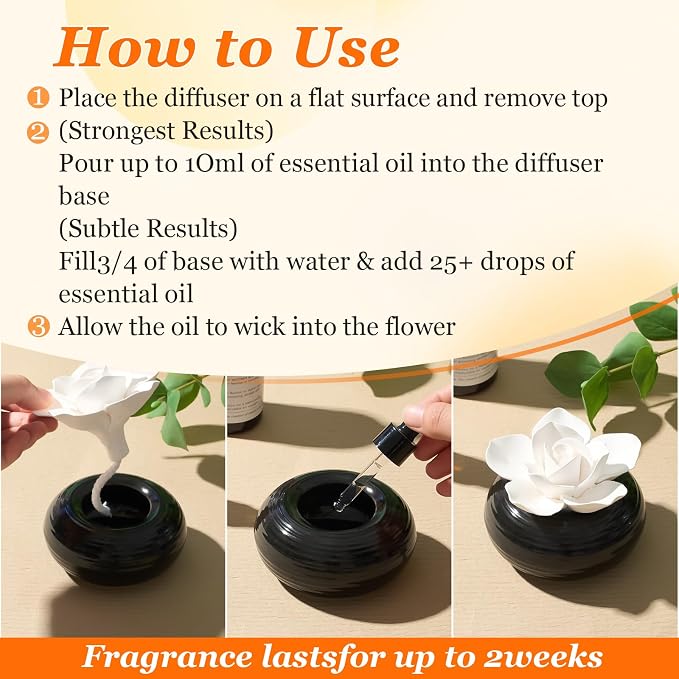Honeydak 3 Pcs Ceramic Essential Oil Diffuser, Non Electric Reedless Passive Porcelain Flower Aromatherapy Diffuser, Decorative Floral Design Tabletop Office Home Bathroom Decor (Camellia)